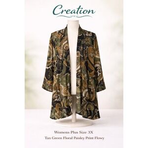 Creation Womens Plus Size 3X Tan Green Floral Paisley Flowy Kimono Cardigan